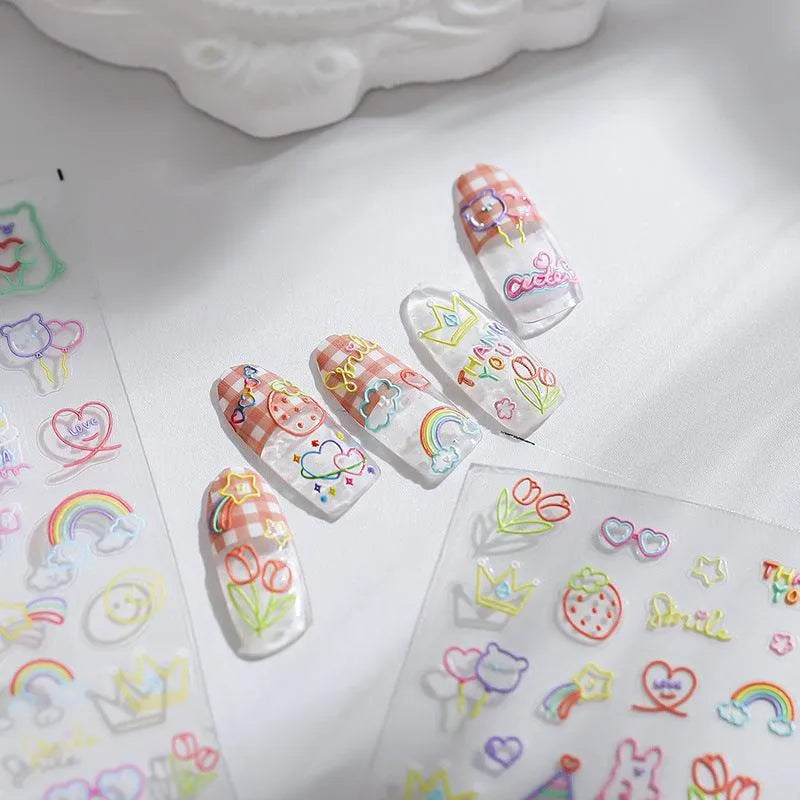 Neon Colors Cartoon Nail Art Stickers Colorful Flower Star Heart Adhesive Slider Sticker Decals TS1749