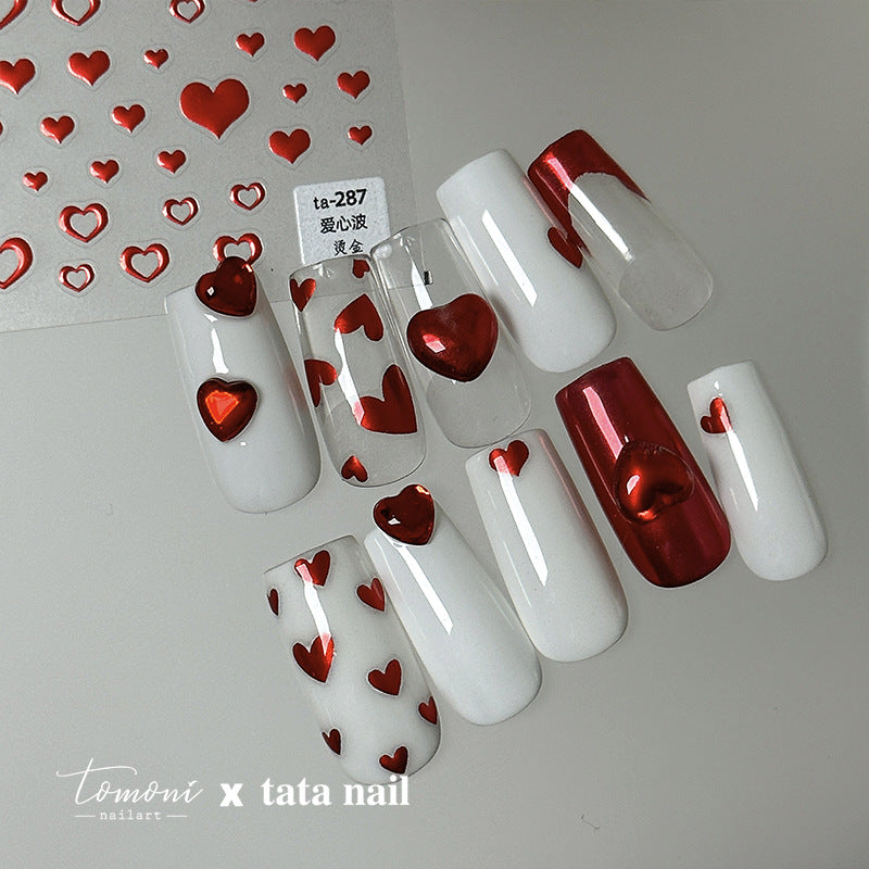 Red Heart Nail Art Stickers Metal Effect Adhesive Embossed Sticker Decals TA287