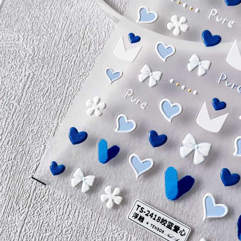 NailMAD Nail Art Stickers Adhesive Slider Blue Love Heart Embossed Sticker Decals - Nail MAD