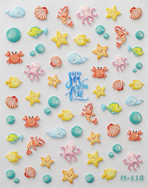 Tensor Nail Art Stickers Cartoon Fish Starfish Crab Jellyfish Embossed Sticker Decals - Nail MAD