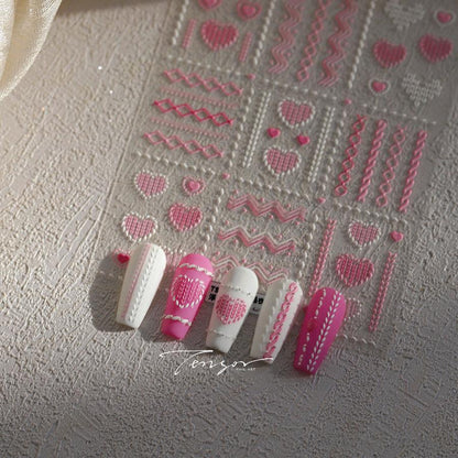 Pink Knitting Sweater Design Nail Art Stickers Adhesive Embossed Love Sticker Decals TS3974