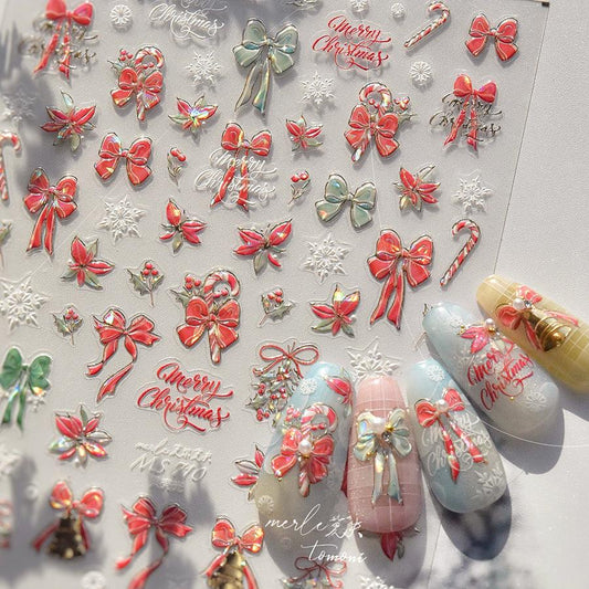 Xmas Bowknot Ribbon Nail Art Stickers Adhesive Embossed Christmas Candy Canes Sticker Decals MS710