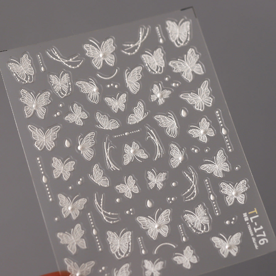NailMAD Nail Art Stickers Adhesive Butterfly Embossed White Lace Sticker Decals TL175