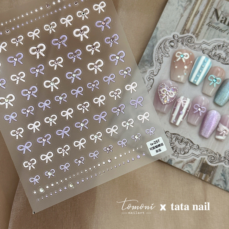 Bow With Rhinestone Pearl Nail Art Stickers Adhesive Embossed Sticker Decals TA256