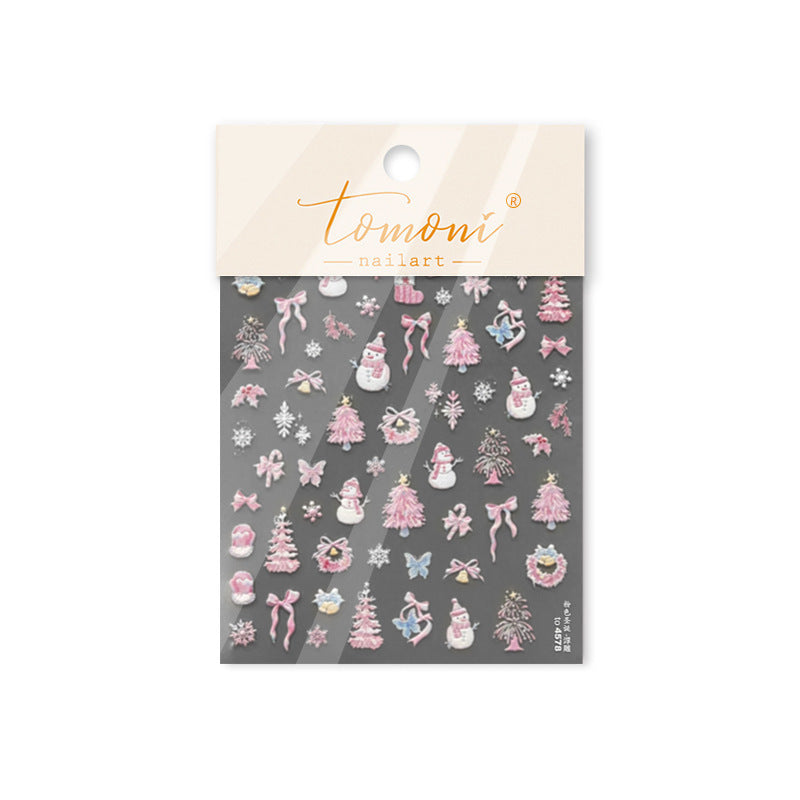 Pink Snowman Nail Art Stickers Adhesive Winter Snowflake Embossed Sticker Decals to4578