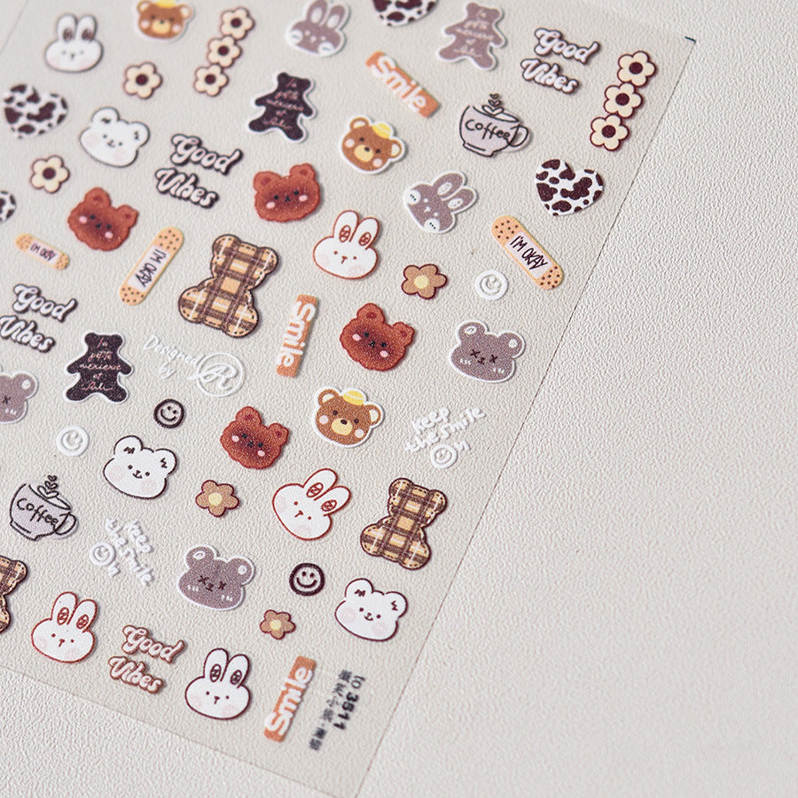 NailMAD Cartoon Bear Nail Art Stickers Adhesive Embossed Lucky Bear with Rabbit Sticker Decals to3508