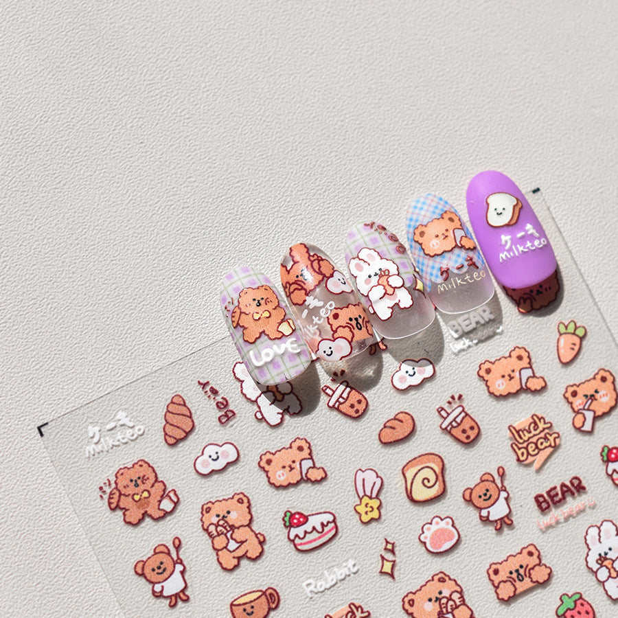 NailMAD Cartoon Bear Nail Art Stickers Adhesive Embossed Lucky Bear with Rabbit Sticker Decals to3508