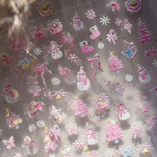 Pink Snowman Nail Art Stickers Adhesive Winter Snowflake Embossed Sticker Decals to4578