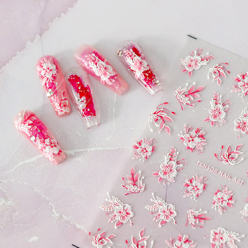 Tensor Nail Art Stickers Pink Flowers Embossed Sticker Decals - Nail MAD