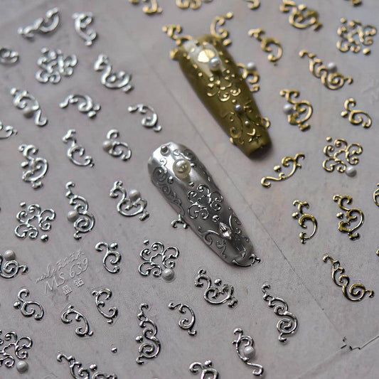 Metal Effect Nail Art Stickers Gold Silver Totem Pattern Adhesive Embossed Sticker Decals MS639 - Nail MAD