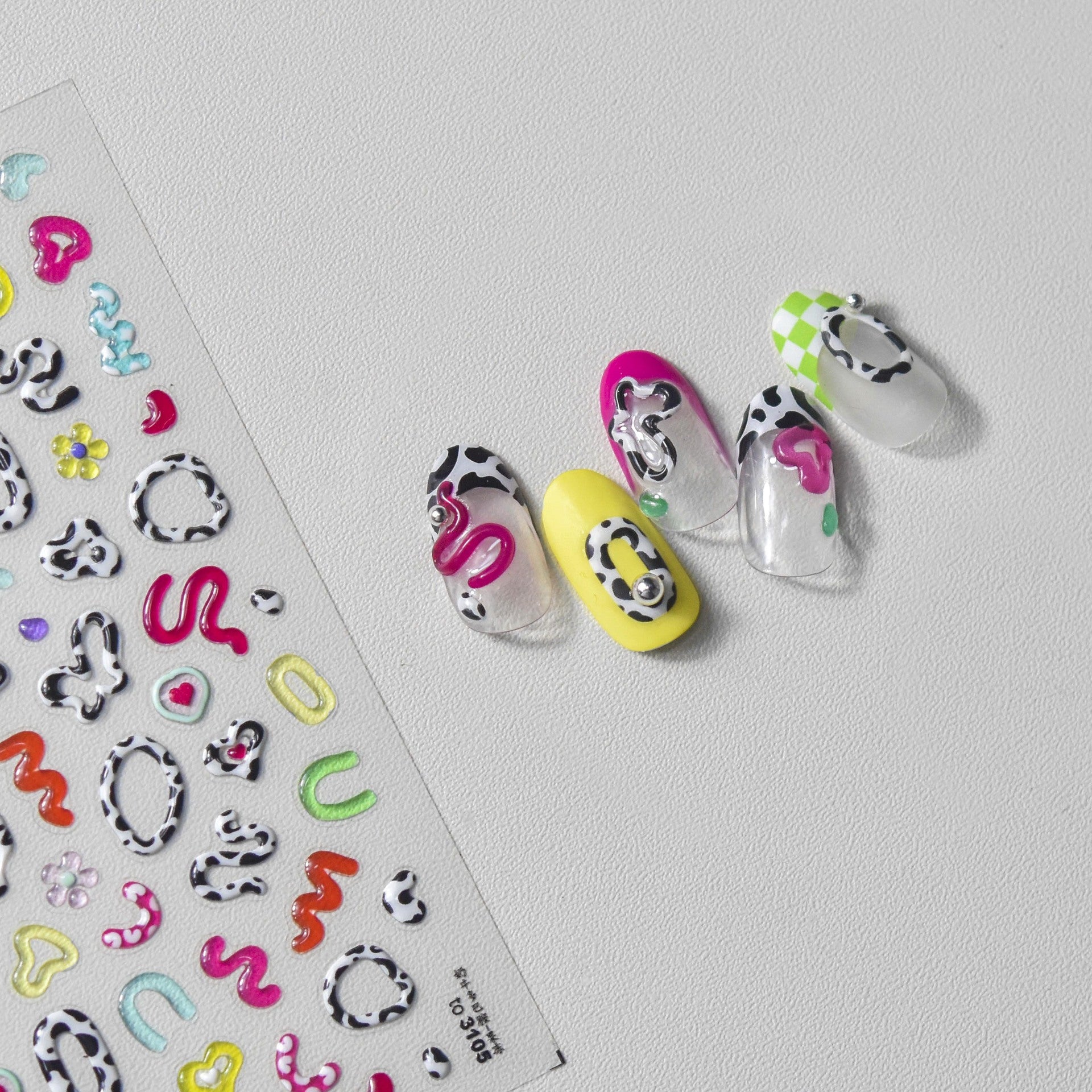 NailMAD Cow Print Nail Art Stickers Adhesive Embossed Cute Bear Bunny Flower Sticker Decals to3054