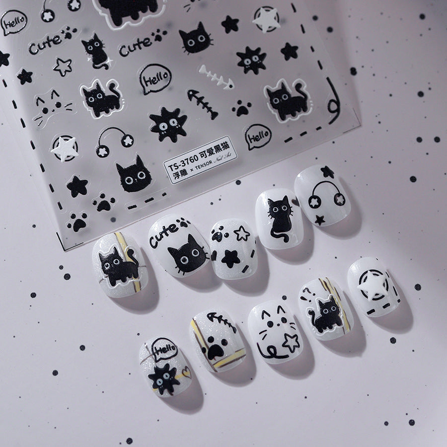 Cute Black Cat Nail Art Stickers Adhesive Embossed Sticker Decals TS3760