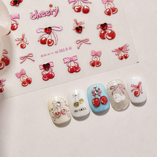 Red Nail Art Stickers Sweet Cherry Adhesive Embossed Sticker Decals TA382