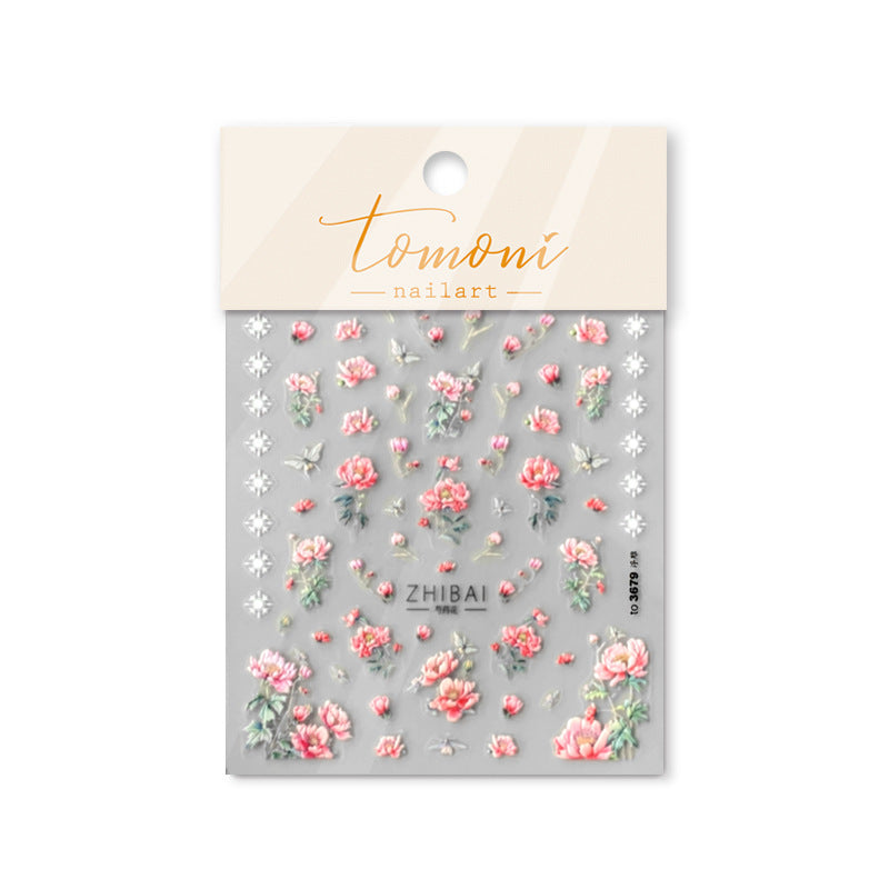 NailMAD Spring Flower Nail Art Stickers Adhesive Embossed Peony Sticker Decals to3679