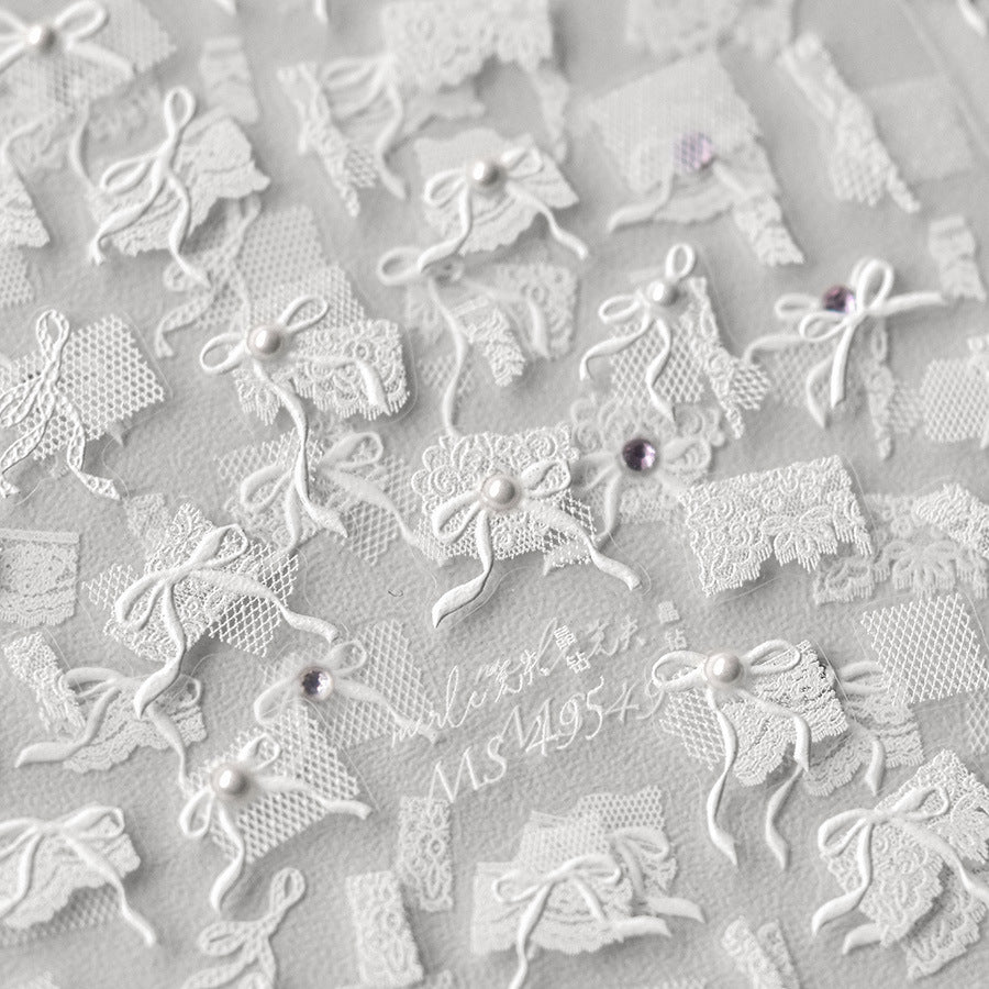 White Lace Bow Nail Art Stickers Adhesive Embossed Sticker Decals MS495