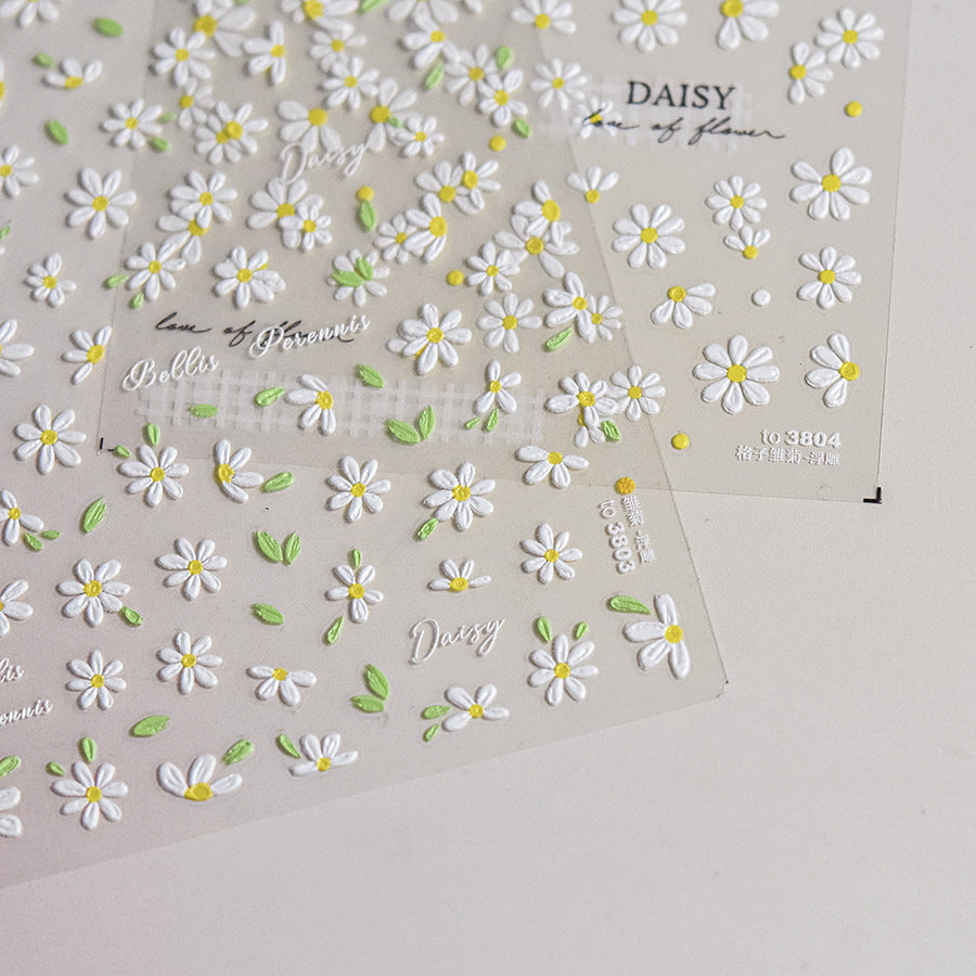 Daisy Flower Nail Art Stickers Adhesive Embossed Pure White Daisy Sticker Decals to3803