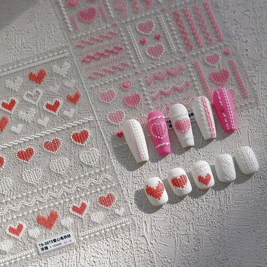 Pink Knitting Sweater Design Nail Art Stickers Adhesive Embossed Love Sticker Decals TS3974