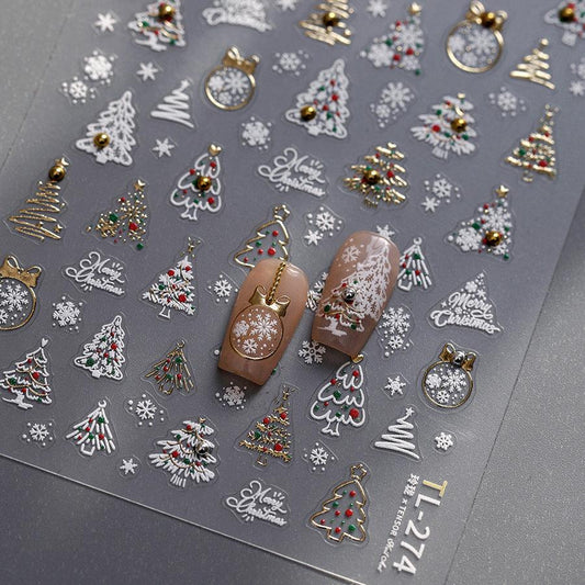 Xmas Tree Nail Art Stickers Adhesive Embossed Golden Snow Ball Sticker Decals TL274