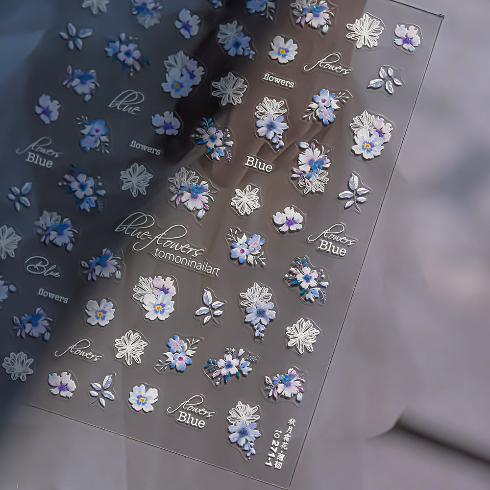 Blue Flowers Nail Art Stickers Adhesive Embossed Sticker Decals to271