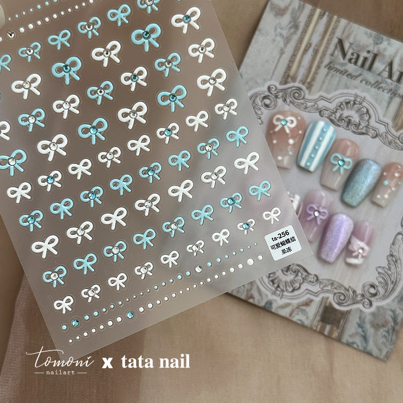 Bow With Rhinestone Pearl Nail Art Stickers Adhesive Embossed Sticker Decals TA256