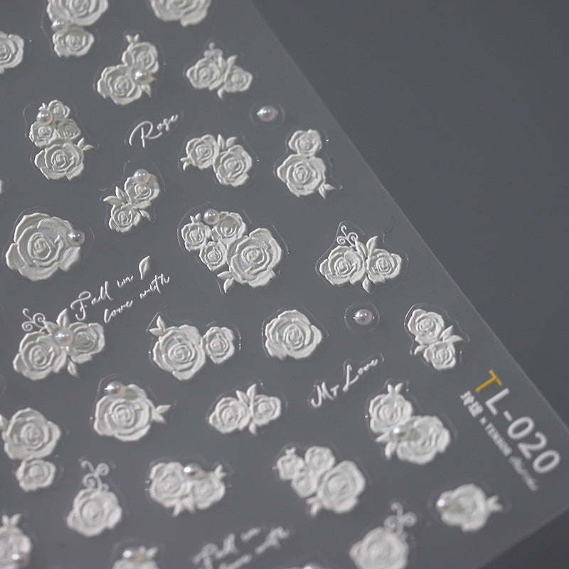 NailMAD Nail Art Stickers Adhesive Slider White Rose Flower Embossed Sticker Decals TL020 - Nail MAD