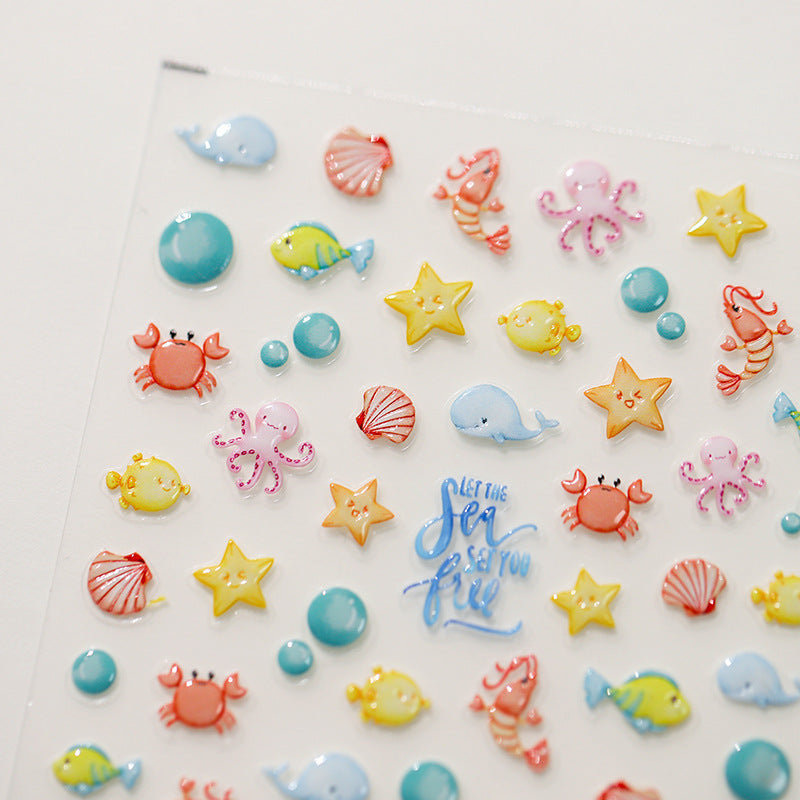 Tensor Nail Art Stickers Cartoon Fish Starfish Crab Jellyfish Embossed Sticker Decals - Nail MAD