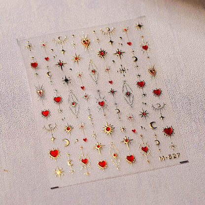 Gold Star Moon Nail Art Stickers Embossed Adhesive Galaxy Sticker Decals with Red Hearts M527 - Nail MAD