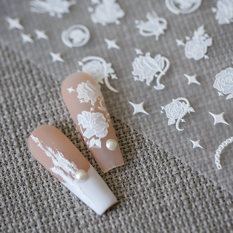 Tensor Nail Art Stickers White Flowers Embossed Sticker Decals - Nail MAD