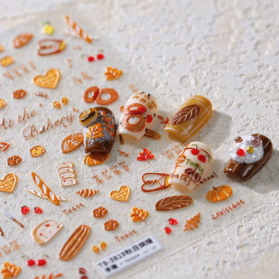 Autumn Nail Art Stickers Pumpkin Bread Adhesive Embossed Sticker Decals TS3819