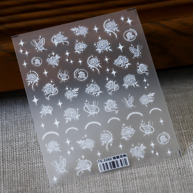 Tensor Nail Art Stickers White Flowers Embossed Sticker Decals - Nail MAD