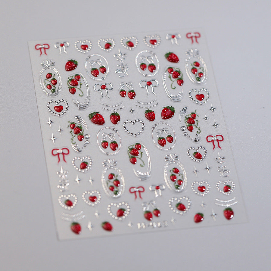 Strawberry Cherry Nail Art Stickers Metal Silver Colors Adhesive Embossed Sticker Decals M906