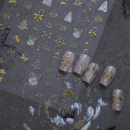 Gold Nail Art Stickers Christmas Snowflake Adhesive Embossed Nail Sticker Decals M235 - Nail MAD