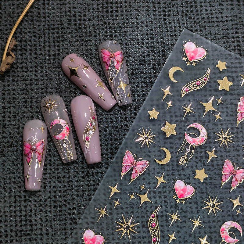 NailMAD Nail Art Stickers Adhesive Slider Gold Star Moon Butterfly Embossed Sticker Decals M050 - Nail MAD