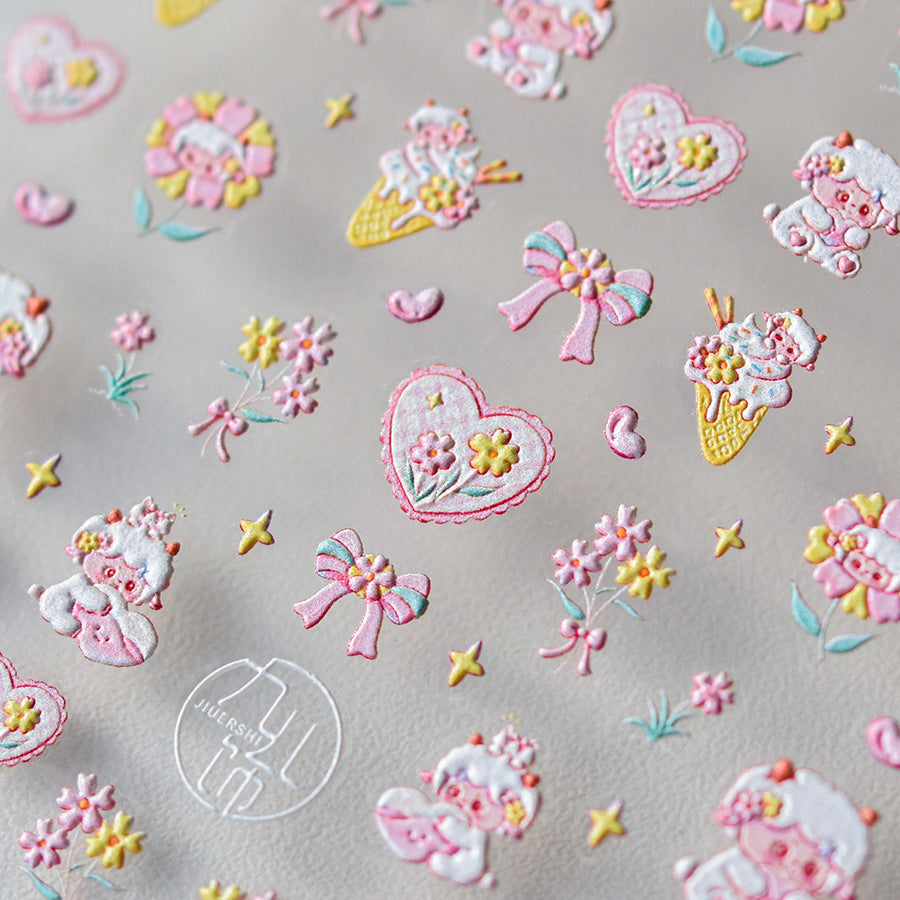 NailMAD Cute Sheep Nail Art Stickers Adhesive Embossed Pink Flower Sticker Decals to3607