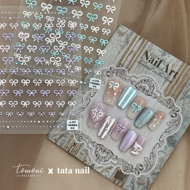 Bow With Rhinestone Pearl Nail Art Stickers Adhesive Embossed Sticker Decals TA256