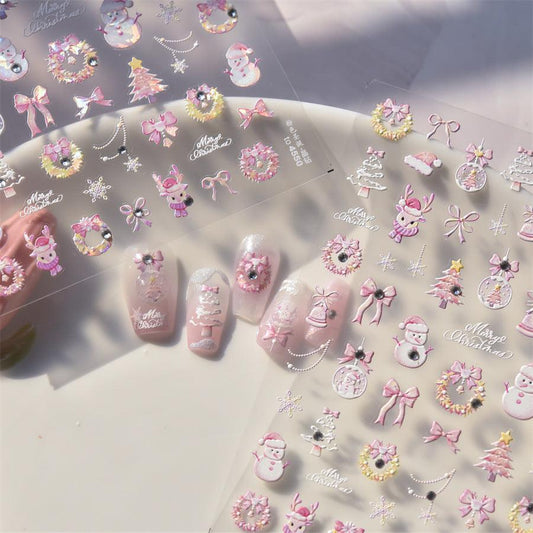 Pink Blue Snowflake Nail Art Stickers Adhesive Embossed Snowman Sticker Decals to4549