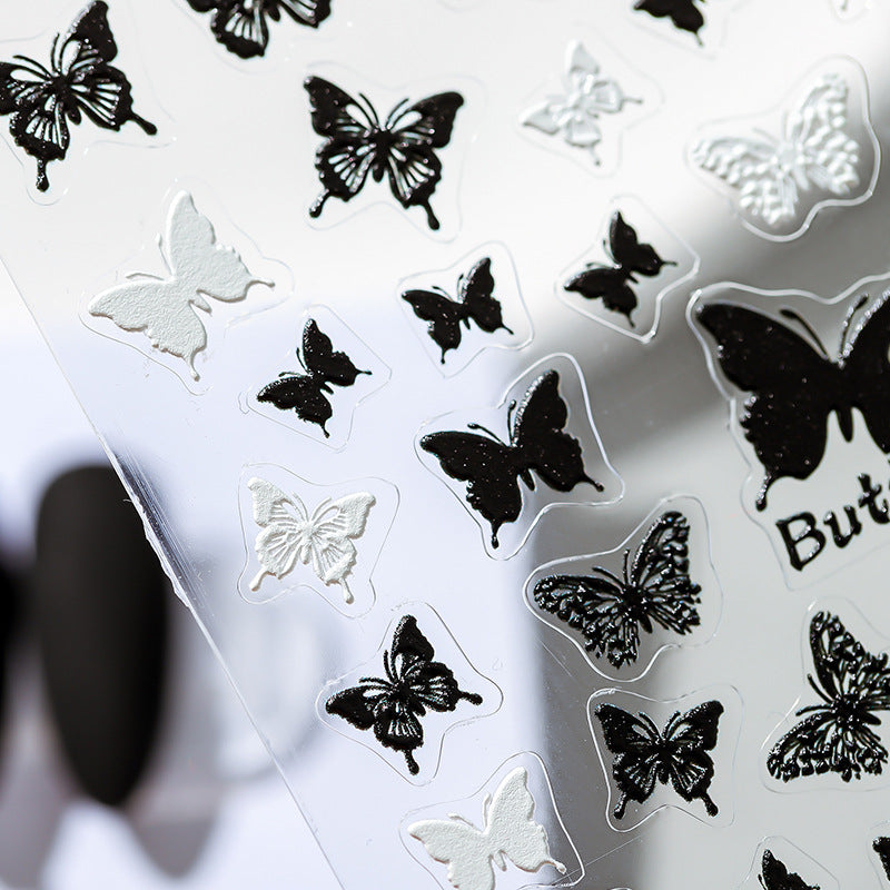 NailMAD Nail Art Stickers Adhesive Slider Black White Butterfly Embossed Sticker Decals - Nail MAD