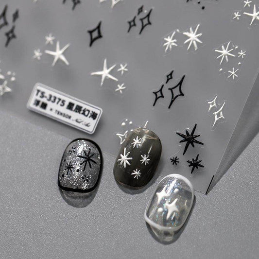 Nail Art Stickers Adhesive Slider Black White Stars Sticker Decals TS3374 - Nail MAD