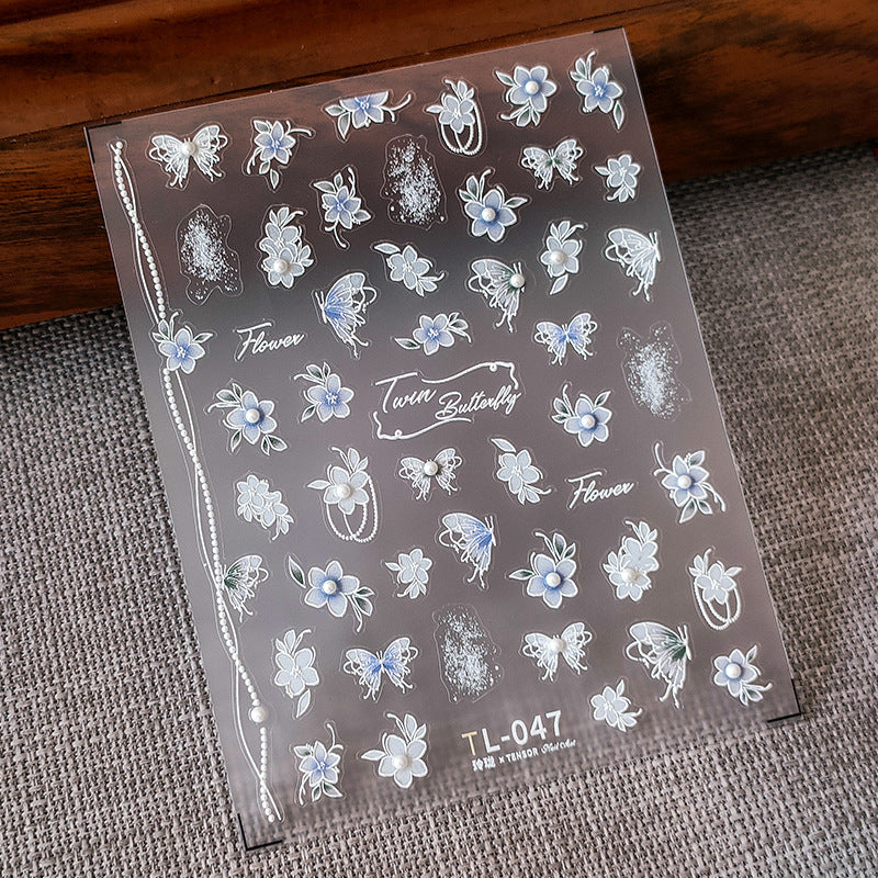 Tensor Nail Stickers Embossed White Flowers Leaf with Pearls - Nail MAD