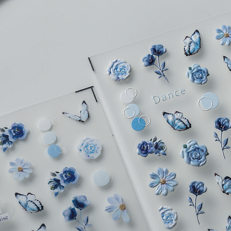 NailMAD Nail Art Stickers Adhesive Slider Blue Flower Butterfly Embossed Sticker Decals - Nail MAD