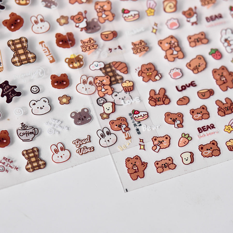 NailMAD Cartoon Bear Nail Art Stickers Adhesive Embossed Lucky Bear with Rabbit Sticker Decals to3508