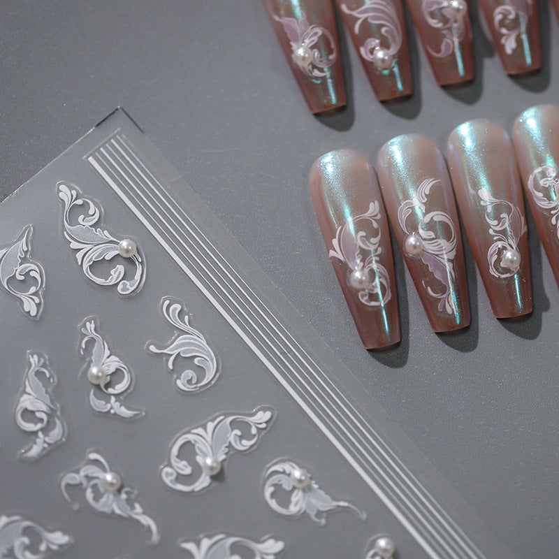 NailMAD Nail Art Stickers Adhesive Slider Vintage White Leaf Vine Pearl Sticker Decals TL015 - Nail MAD