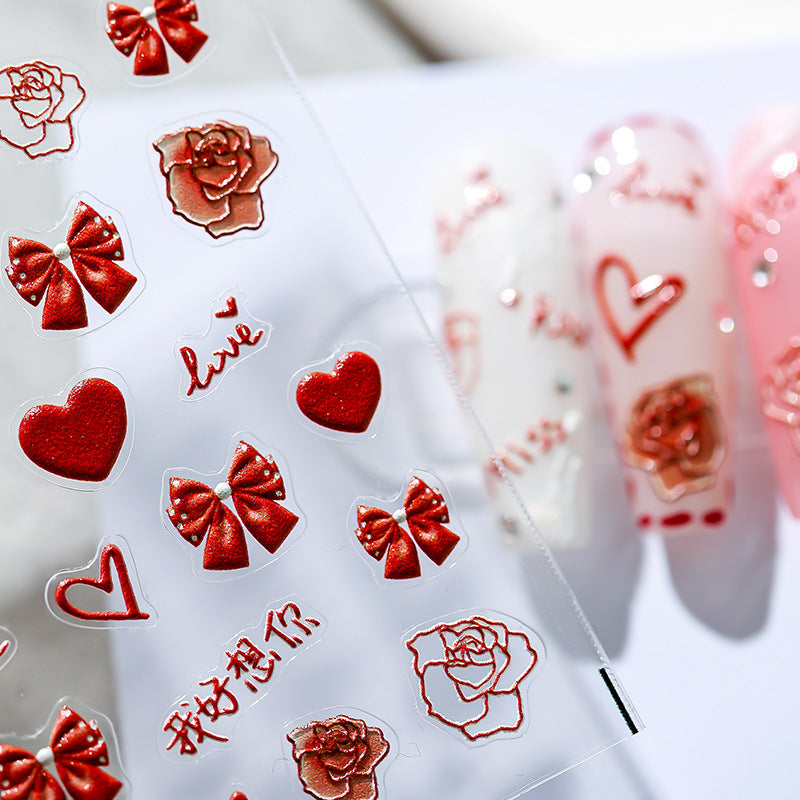 Tensor Nail Art Stickers Red Bow Heart Rose Embossed Sticker Decals - Nail MAD