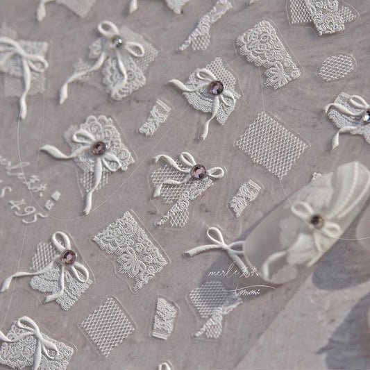 White Lace Bow Nail Art Stickers Adhesive Embossed Sticker Decals MS495