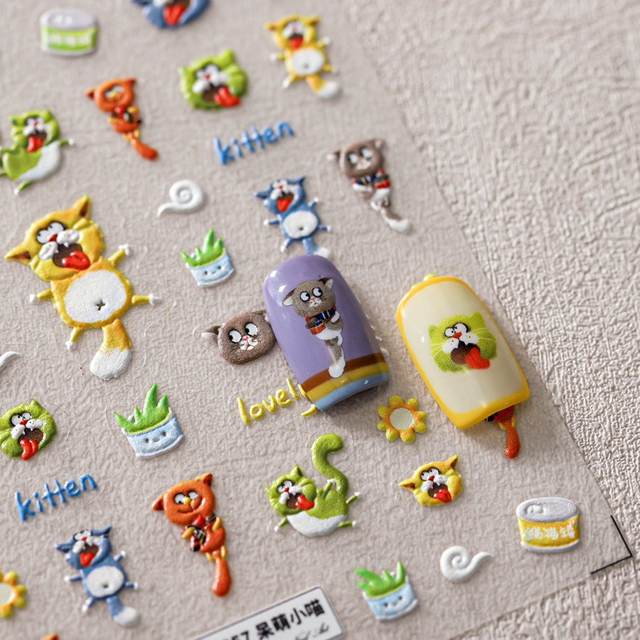 NailMAD Nail Art Stickers Adhesive Cartoon Kitten Embossed Sticker Decals TS3656