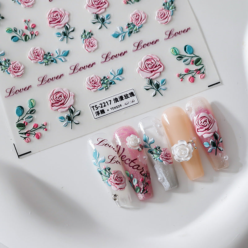 Tensor Nail Art Stickers Romantic Rose FlowerEmbossed Sticker Decals - Nail MAD
