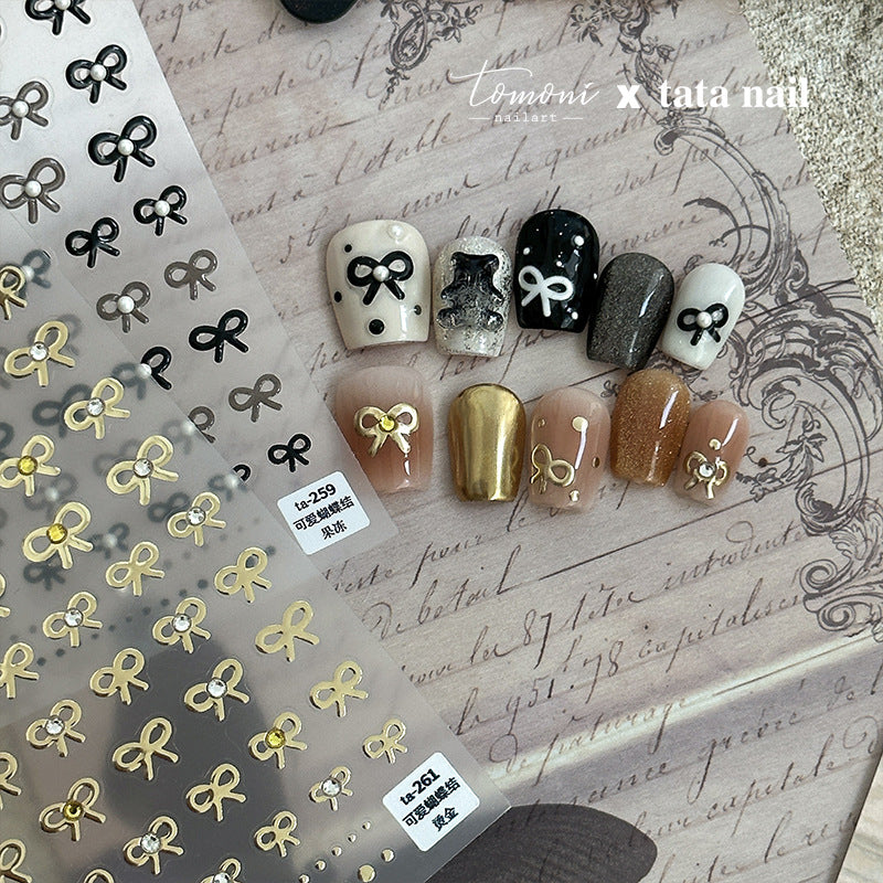 Bow With Rhinestone Pearl Nail Art Stickers Adhesive Embossed Sticker Decals TA256