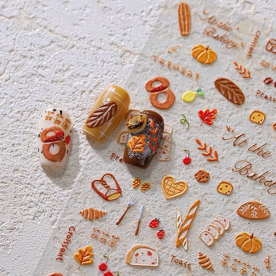 Autumn Nail Art Stickers Pumpkin Bread Adhesive Embossed Sticker Decals TS3819