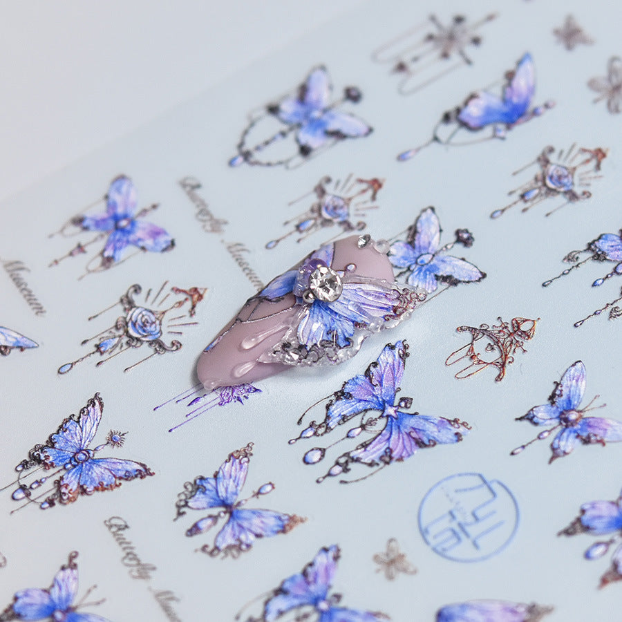 NailMAD Blue Butterfly Nail Art Stickers Adhesive Embossed Pink Lace Sticker Decals to3344