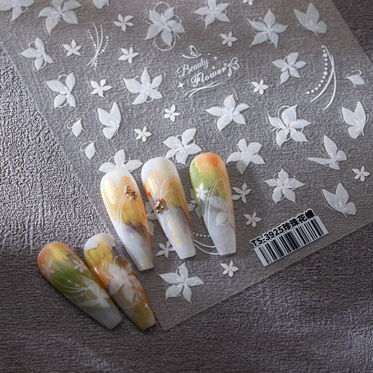 White Flower Nail Art Stickers Floral Leaf Adhesive Sticker Decals TS3925